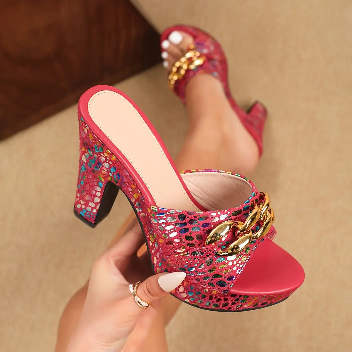 Red Multicolor Open-Toe Slip-On Wedge Sandals Toshe Women's Fashions