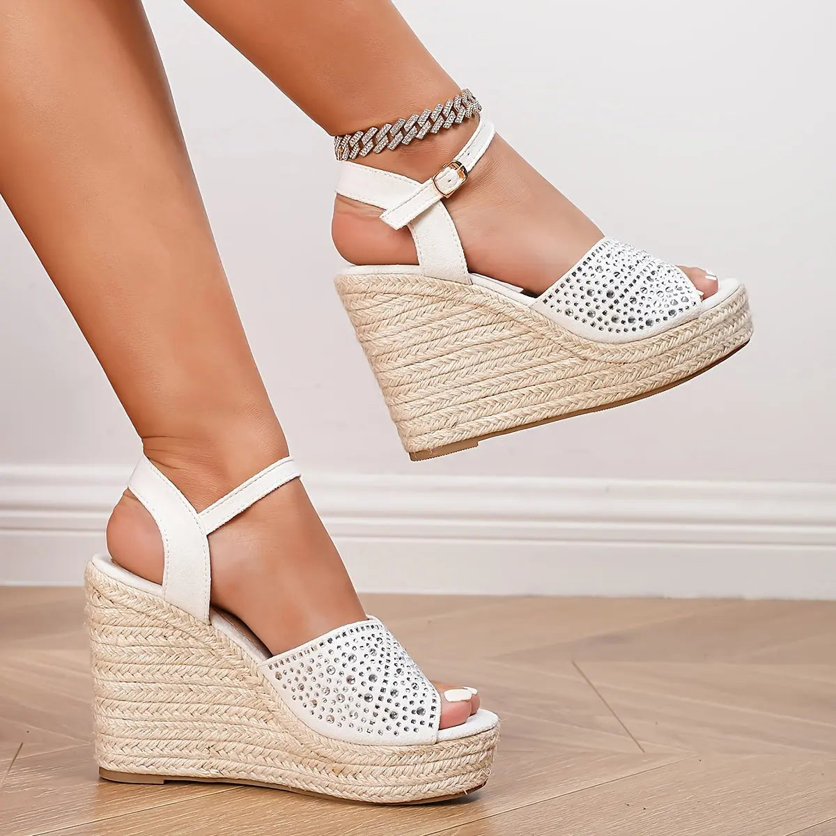 Rhinestone Ankle Wrap Wedge Sandal Toshe Women's Fashions