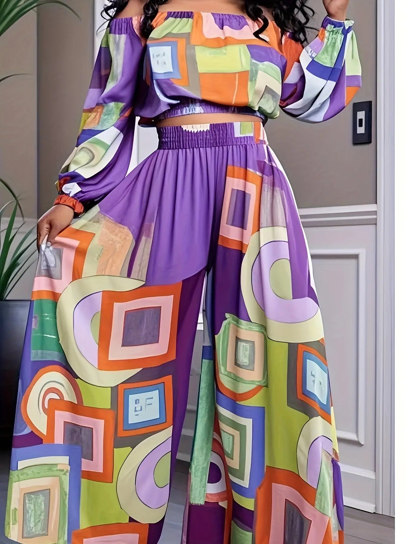 Colorblock Boho Crop Top and Wide Leg Suit Toshe Women's Fashions