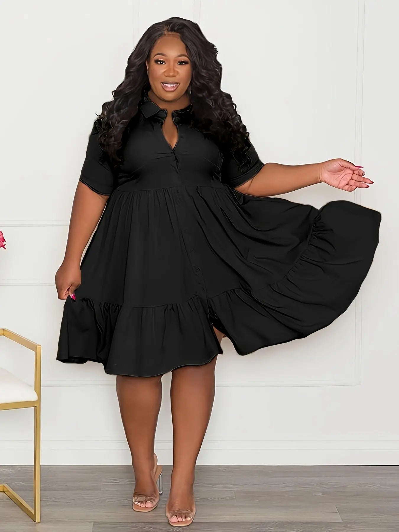 Ruffle Hem Tie Belt Shirt Dress Toshe Women's Fashions