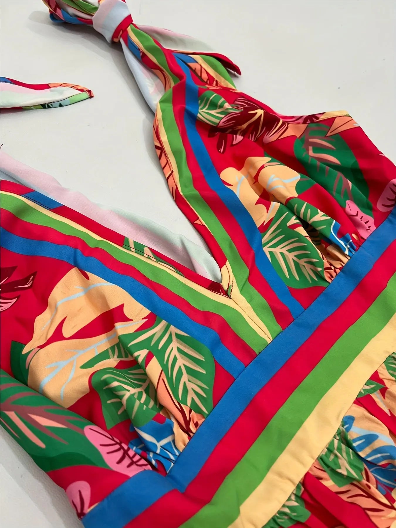 Colorblock Leaf Print V Neck Maxi Dress Toshe Women's Fashions