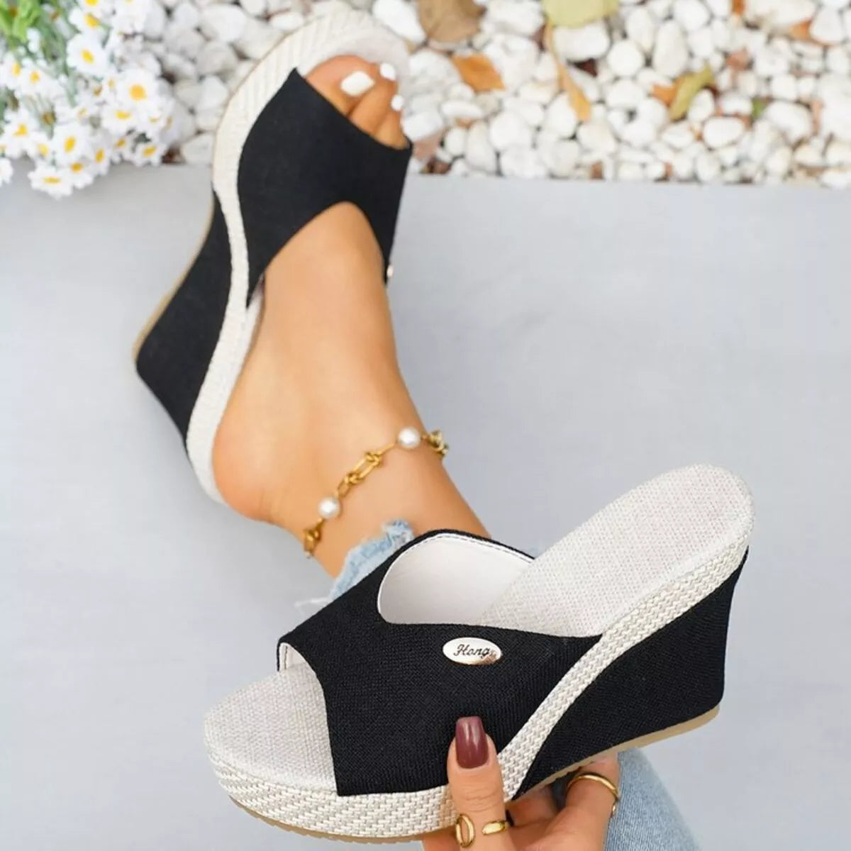 Open toe wedge sandals from Trendsi with beige straps and a cork platform, perfect for summer casual wear.