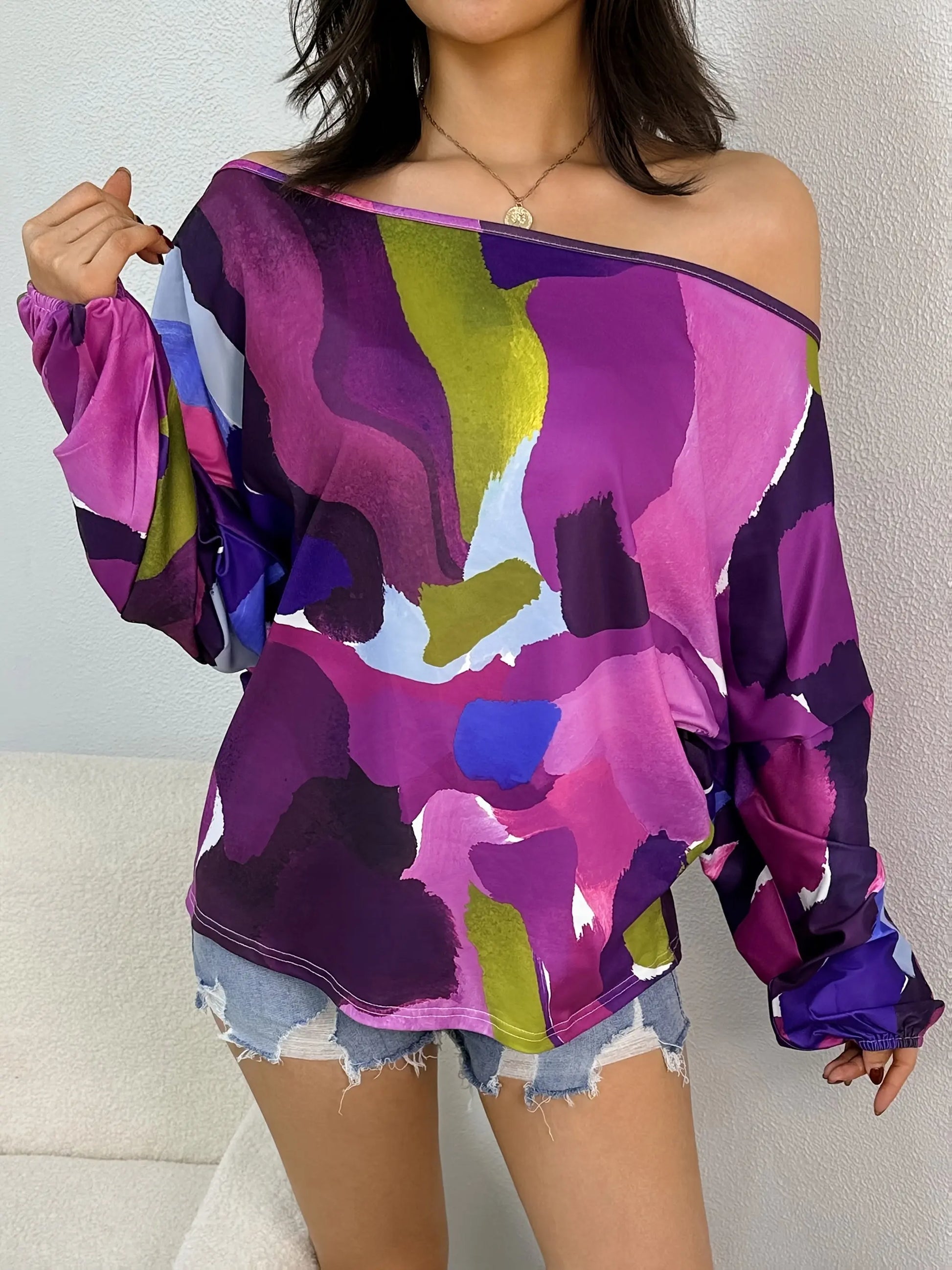 Purple Paint Print Off-Shoulder Blouse Toshe Women's Fashions