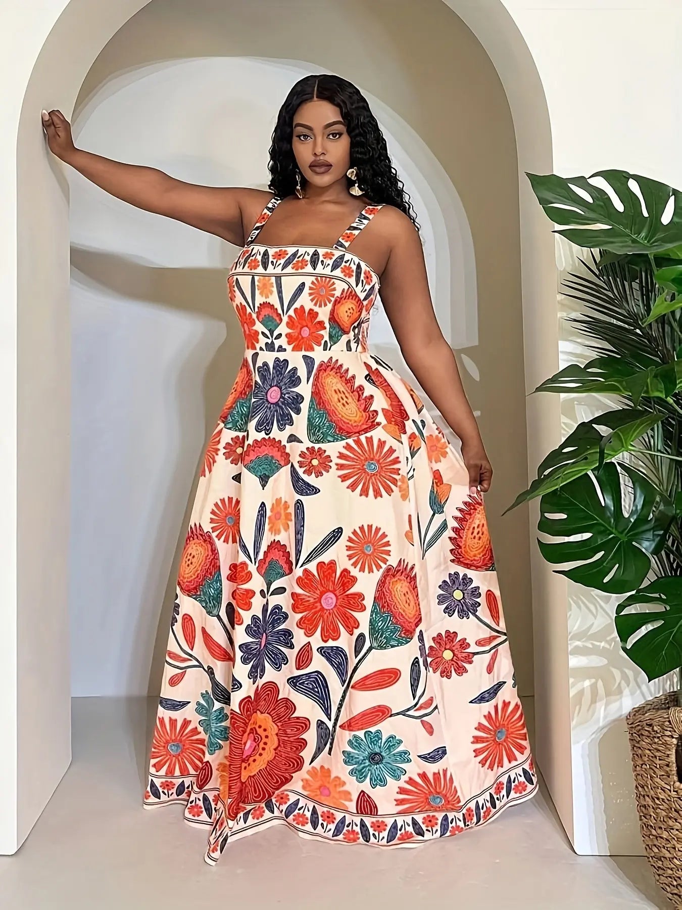 Cinched A-Line Dress with Vibrant Floral Print, Casual Vacation Style, Foral Print Dress Toshe Womens Fashions