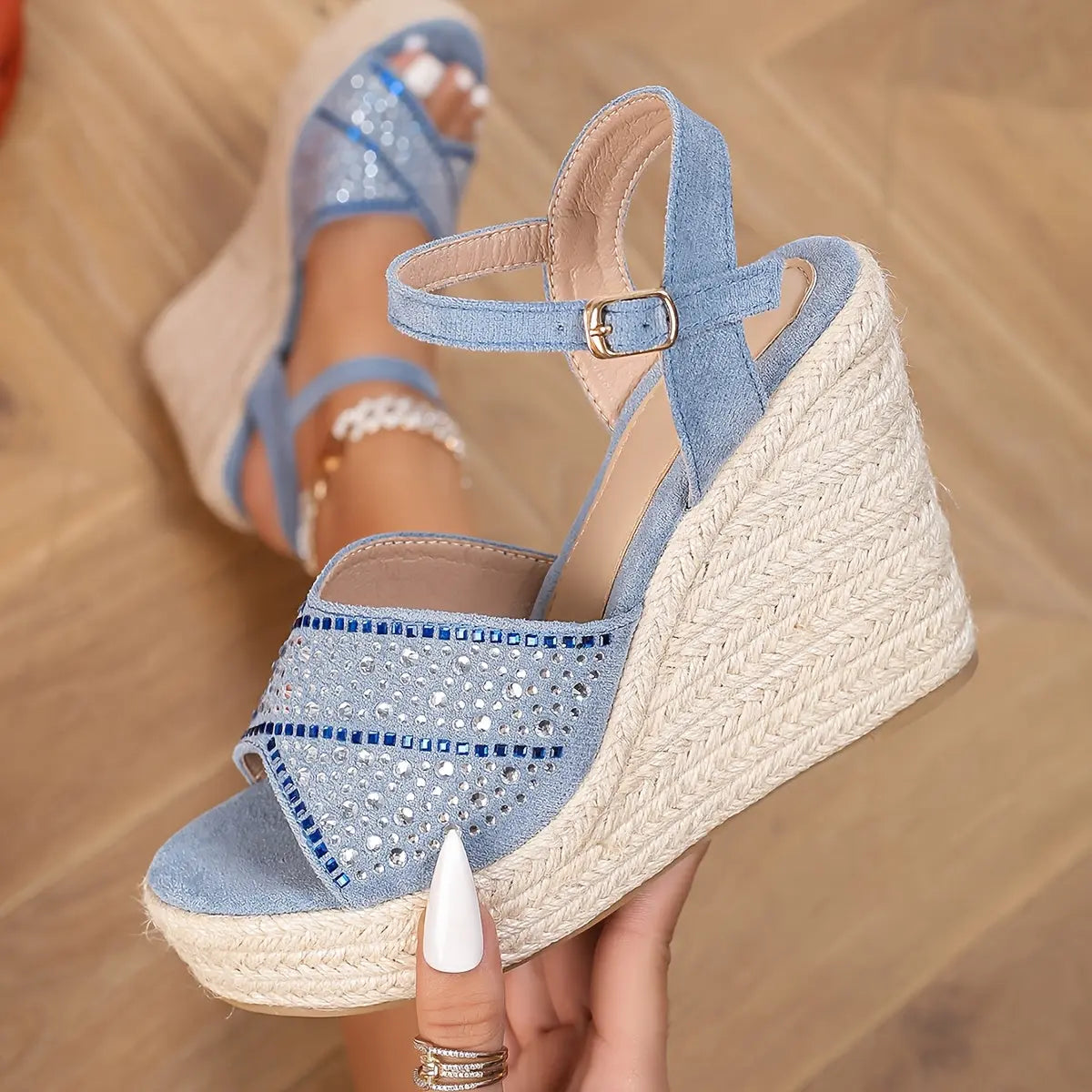 Rhinestone Ankle Wrap Wedge Sandal Toshe Women's Fashions