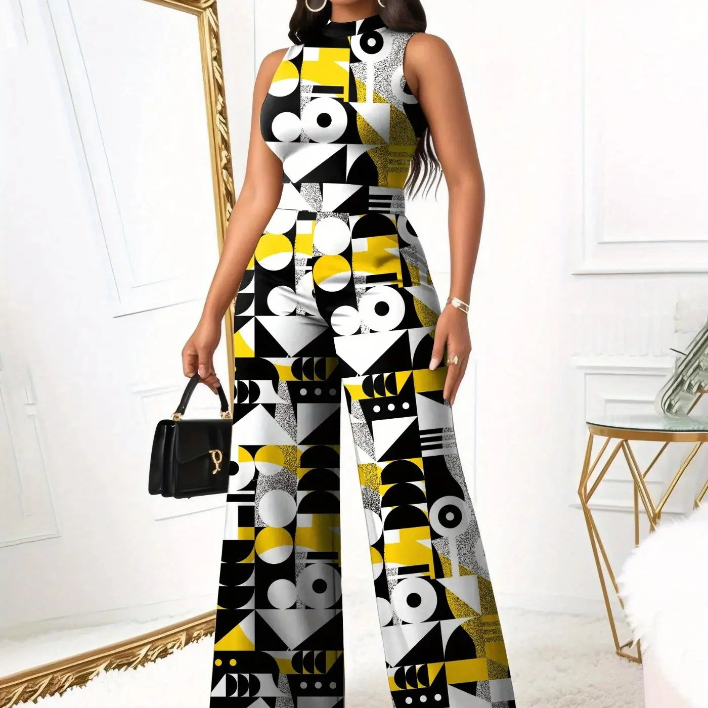 Yellow Bold Geometric Print Sleeveless Wide-Leg Jumpsuit Toshe Women's Fashions