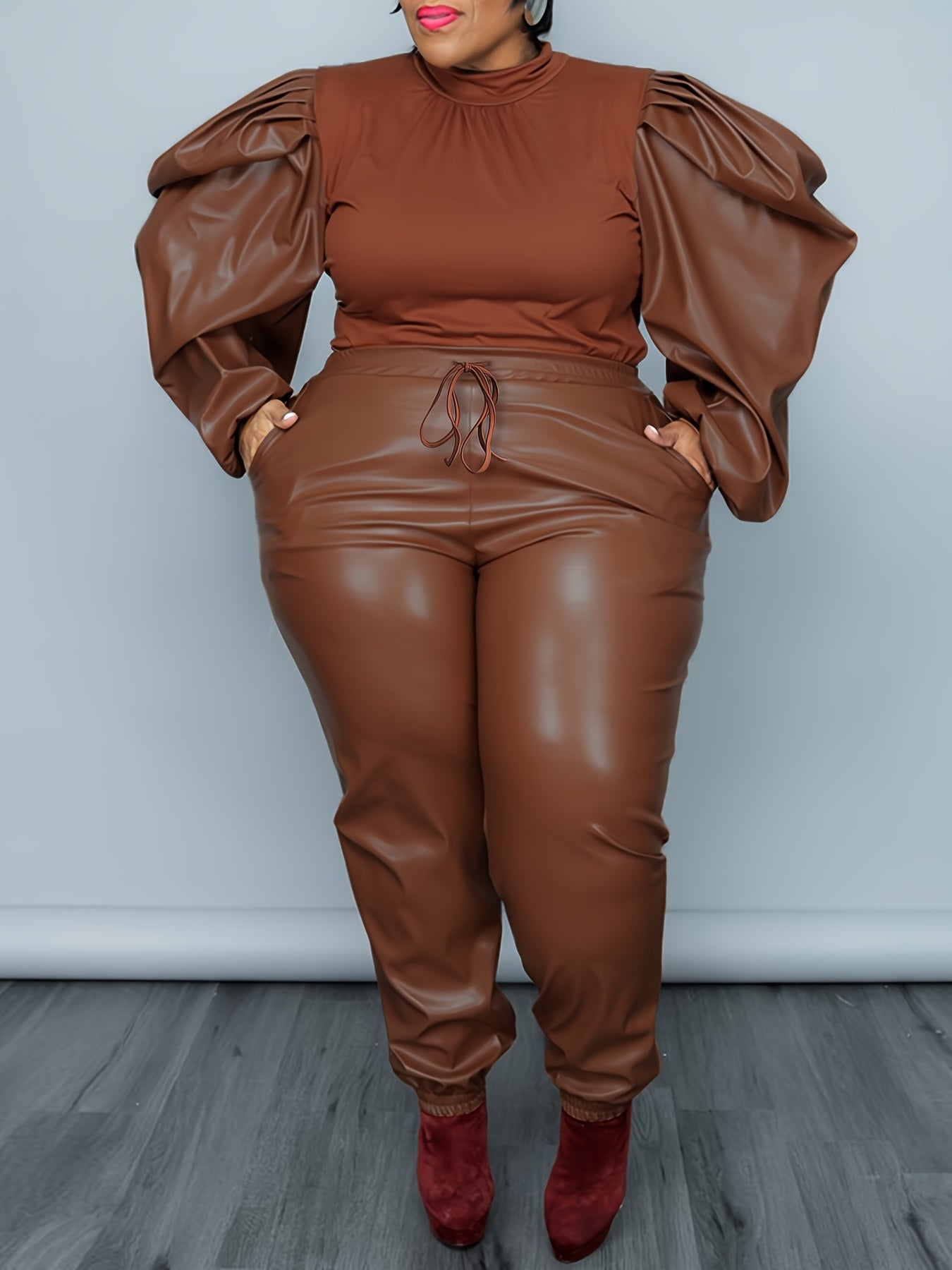 Faux Leather Knit Top & Drawstring Pants Set – Chic Two-Piece Co-ord Outfit