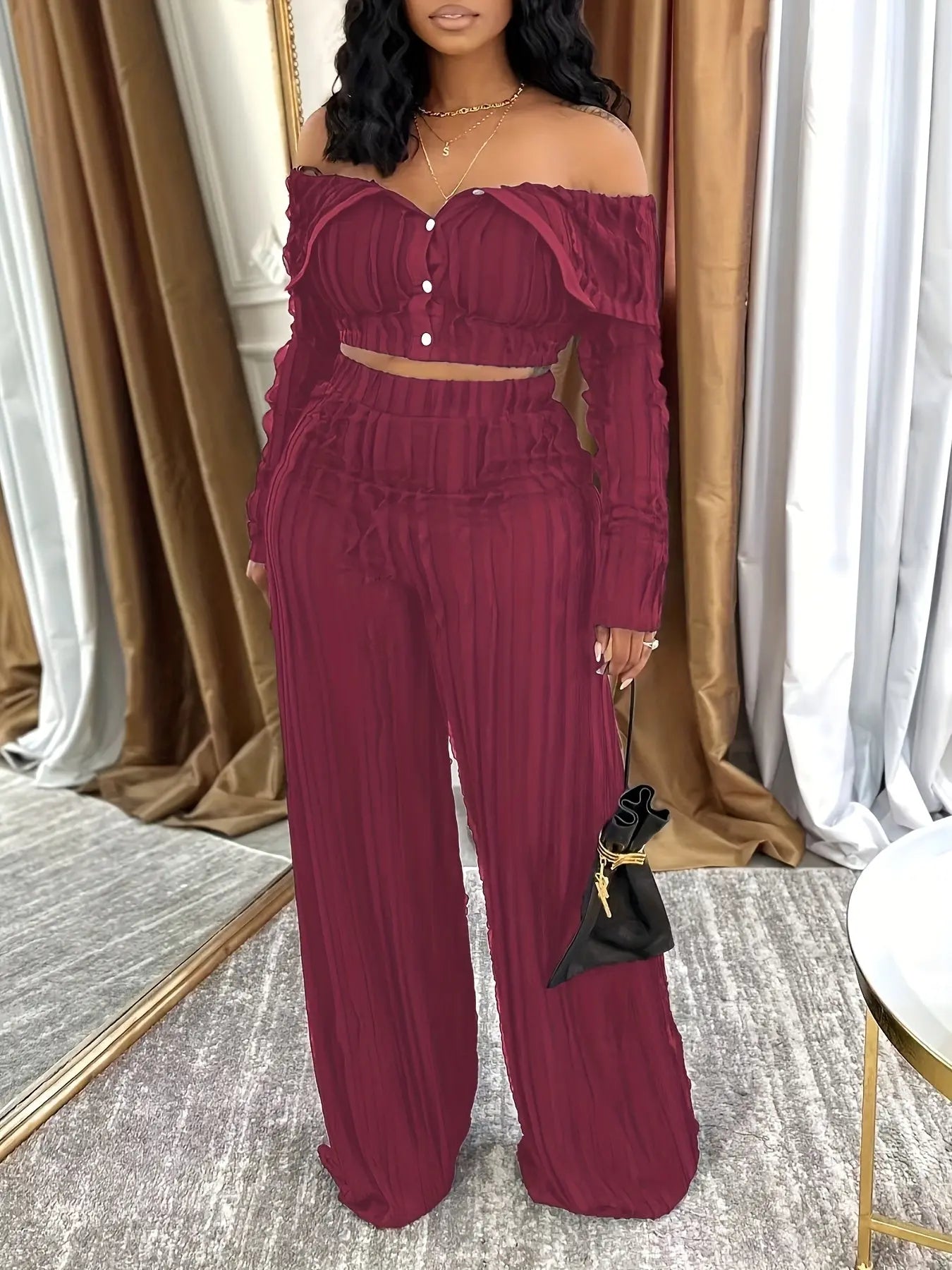 Wave Folded Collar Buttoned Crop Top and Wide Leg Pant Set Toshe Women's Fashions