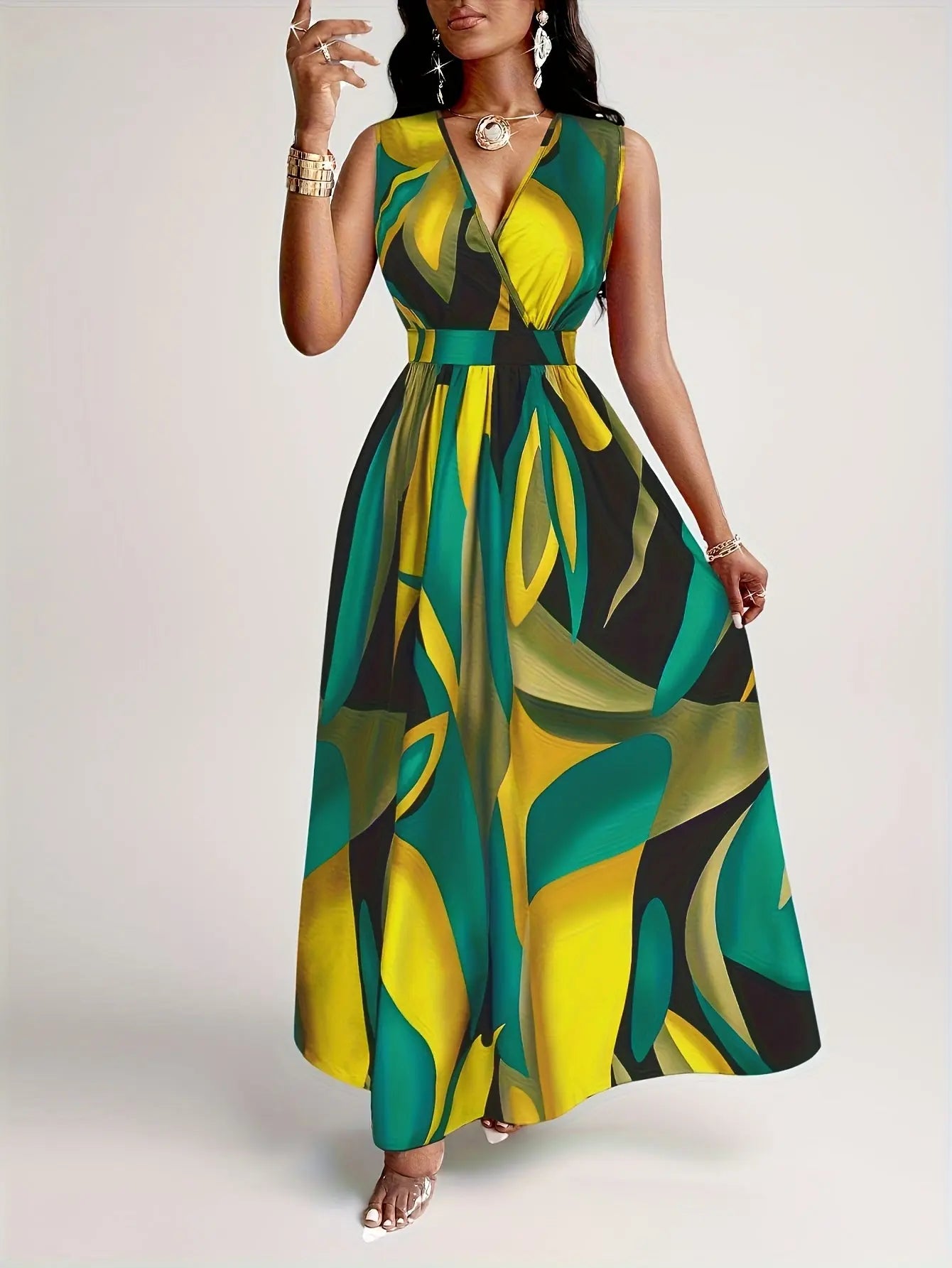 Green Tropical Print Flowing Maxi Dress Toshe Women's Fashions