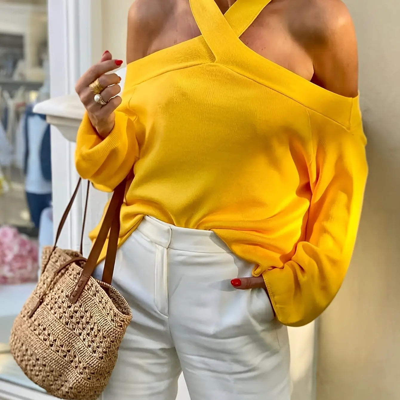 Lemon Yellow Criss Cross Cold Shoulder Top Toshe Women's Fashions