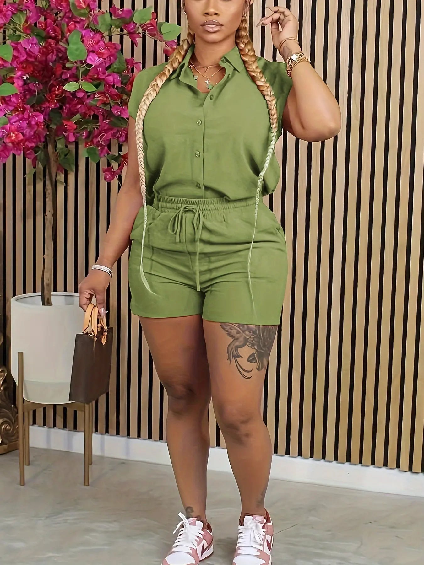 Casual Solid Color Two Pieces, Button Front Sleeveless Collared Top & Drawstring Shorts Toshe Womens Fashions