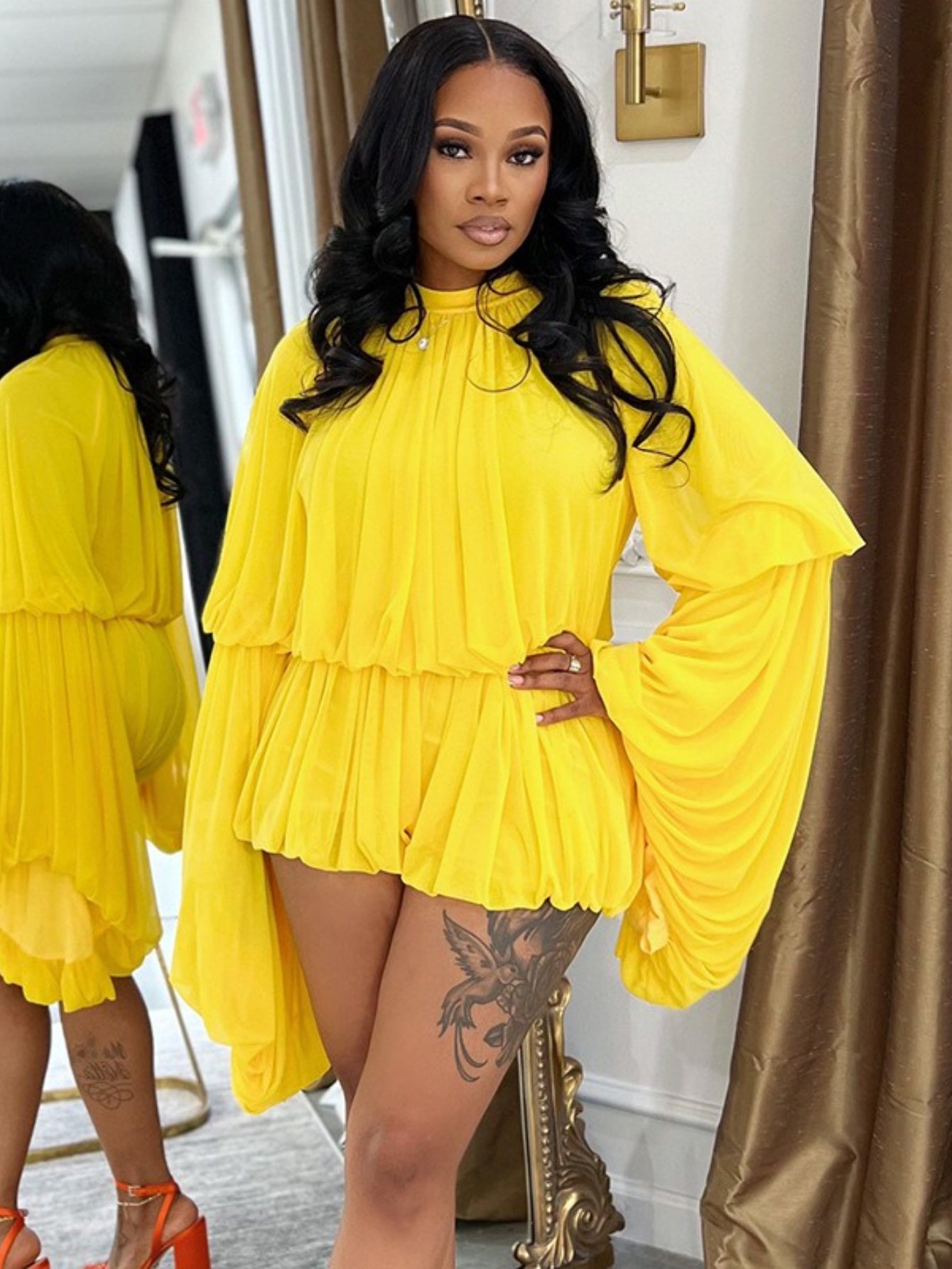 High Neck Pleated Romper with Pockets