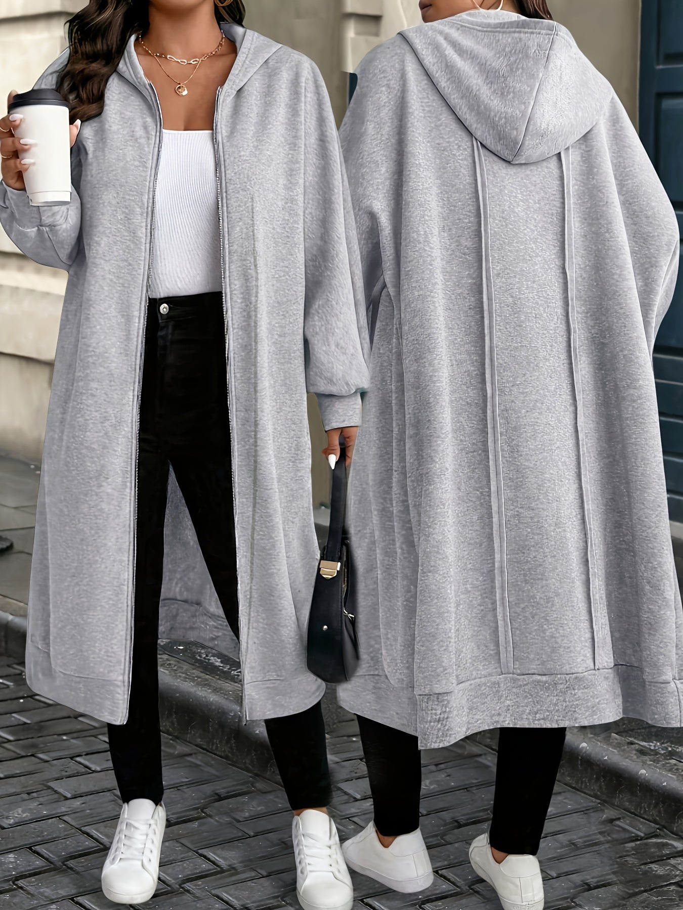 Hooded Zipper Front Long Overcoat