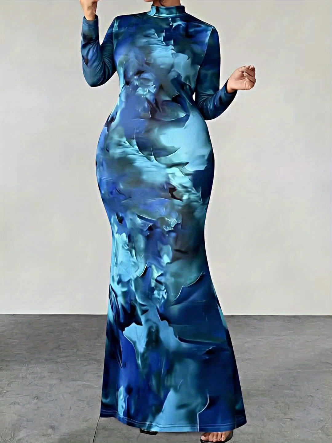 Blue-Green Marble High-Collar Fishtail Dress