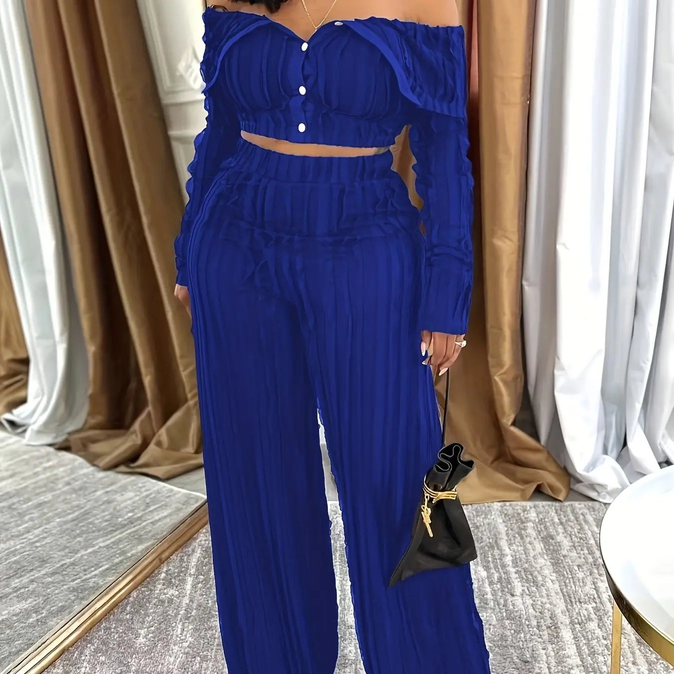 Wave Folded Collar Buttoned Crop Top and Wide Leg Pant Set Toshe Women's Fashions