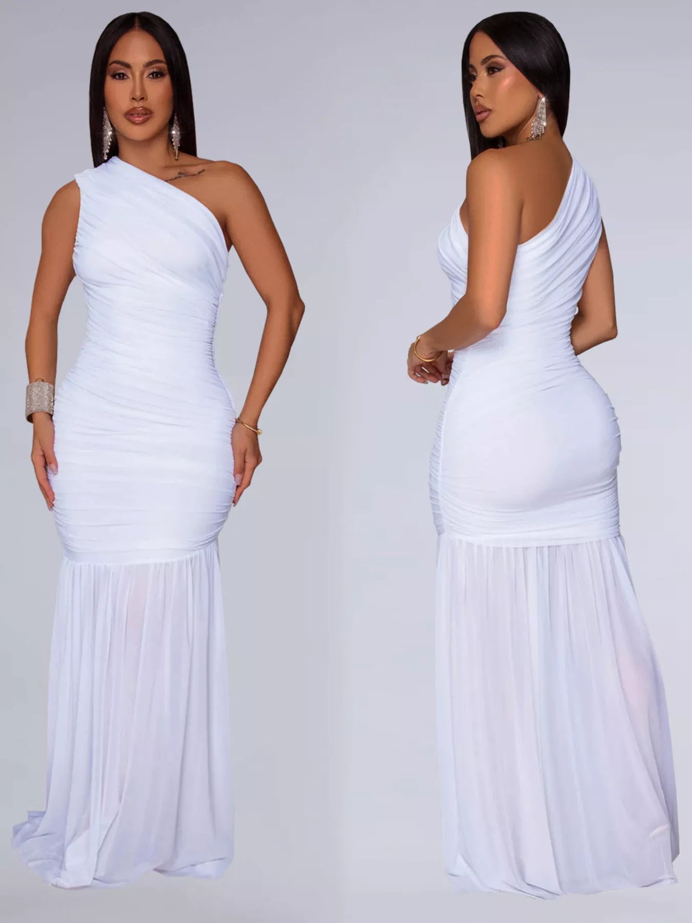 One-shoulder ruched bodycon maxi dress by Trendsi, featuring a fitted silhouette and elegant design.