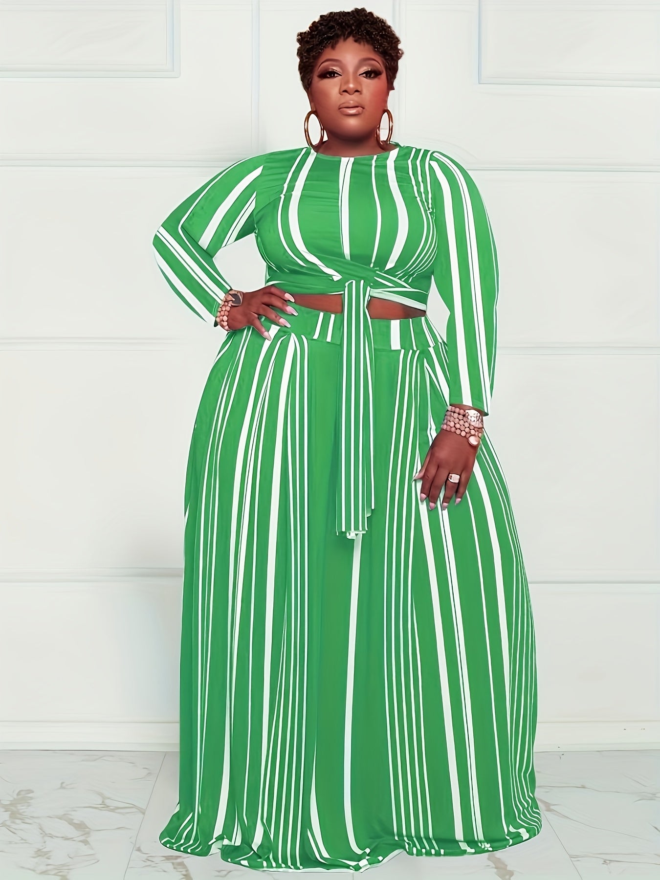 Bold Vertical Striped Crew Neck Crop Top & Wide-Leg Maxi Skirt with Belt