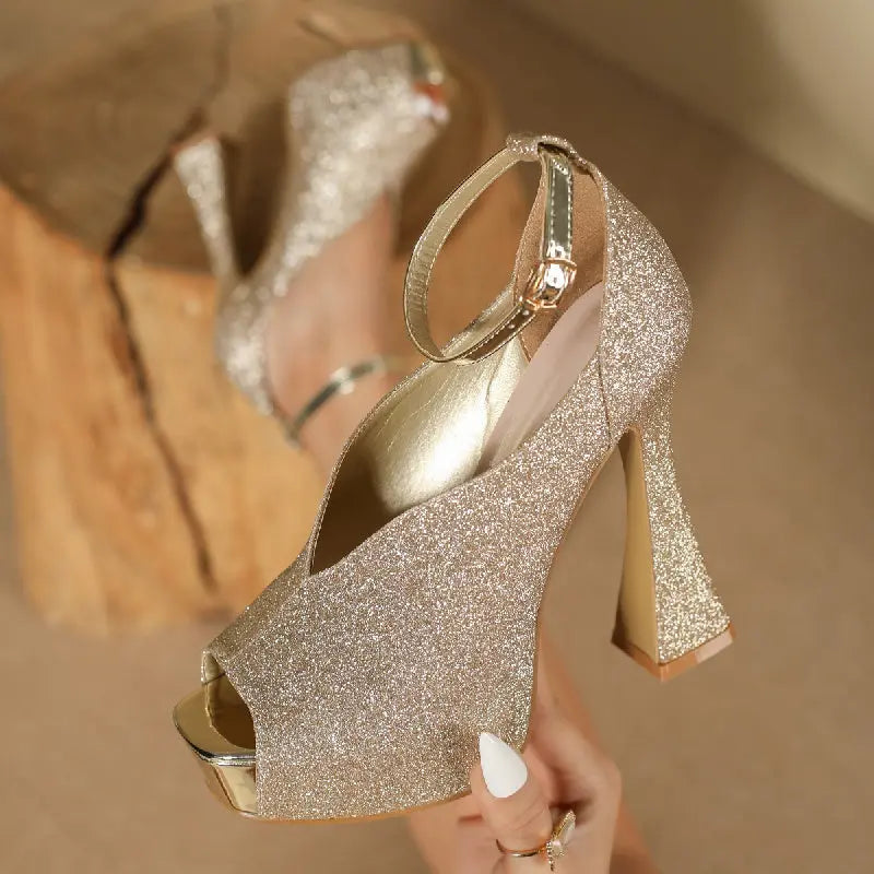 Gold Glitter Peep Toe Ankle Strap Heels Toshe Women's Fashions