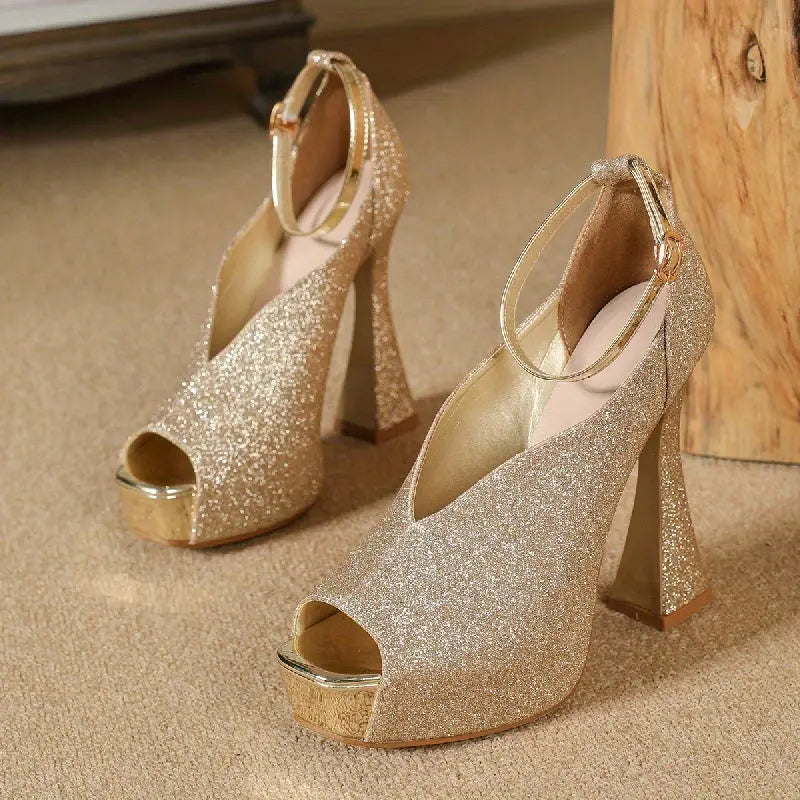 Gold Glitter Peep Toe Ankle Strap Heels Toshe Women's Fashions