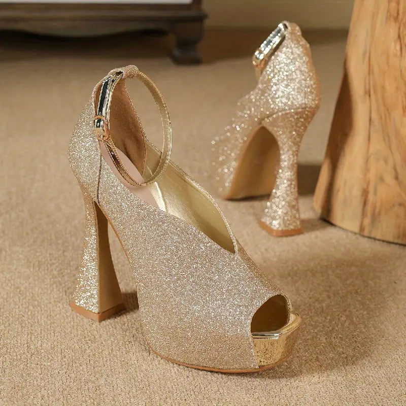 Gold Glitter Peep Toe Ankle Strap Heels Toshe Women's Fashions
