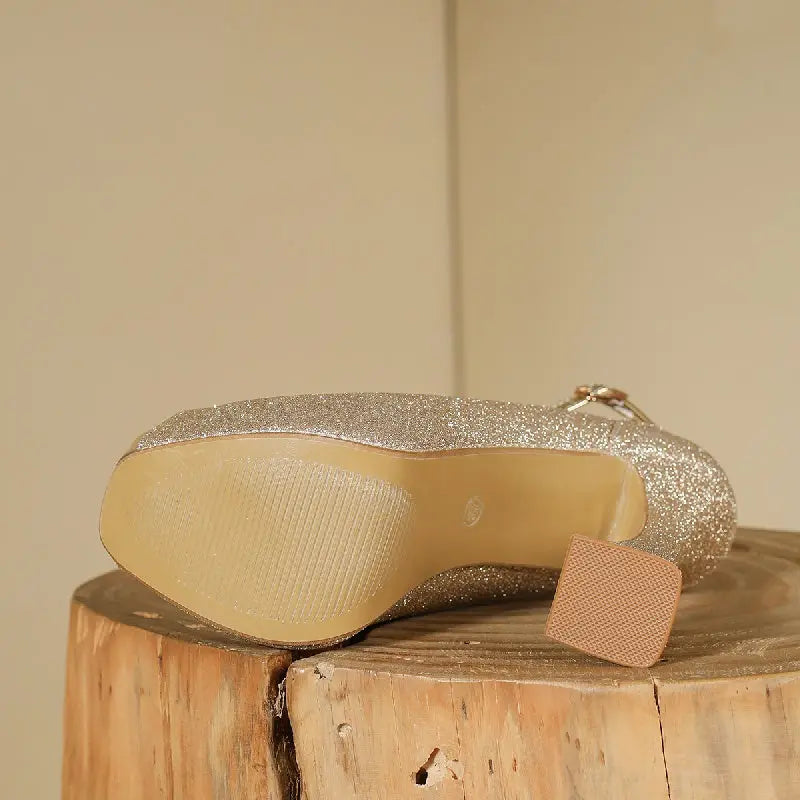 Gold Glitter Peep Toe Ankle Strap Heels Toshe Women's Fashions