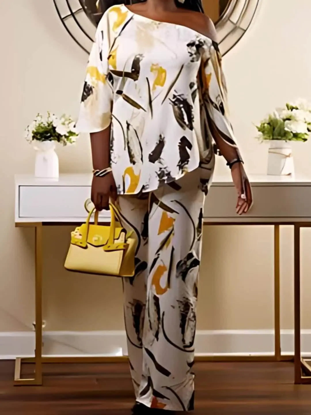 Artistic Printed Off-Shoulder Wide Leg Pants Set Toshe Women's Fashions