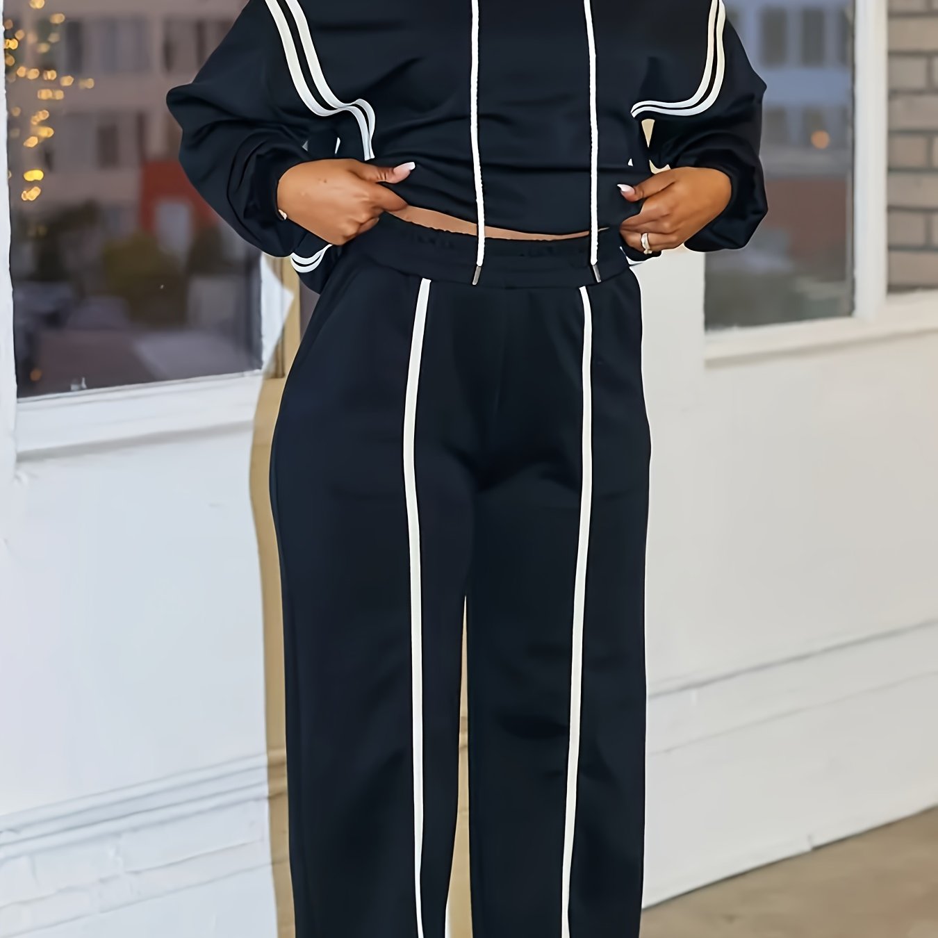 Striped Hooded Sweatshirt & Straight Leg Pant Set – Cozy 2-Piece Loungewear Outfit