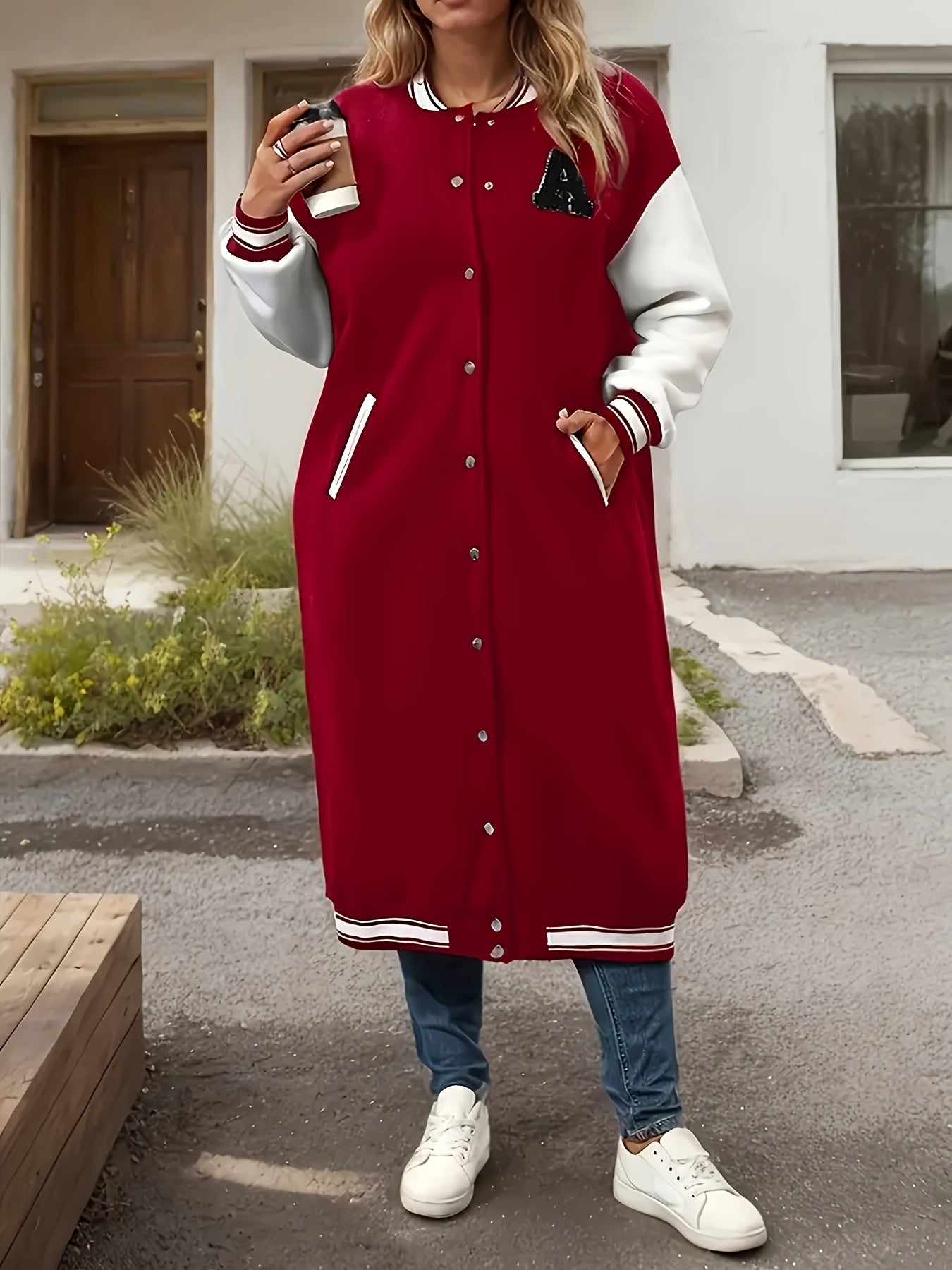 College Style Color Block Jacket – Gold Button Varsity Blazer for Women