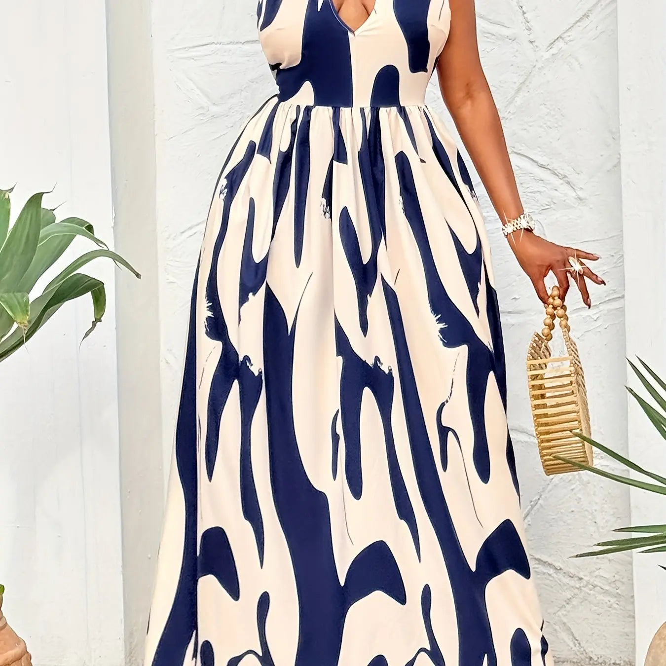 Abstract Print Halter Neck Backless Dress Toshe Women's Fashions