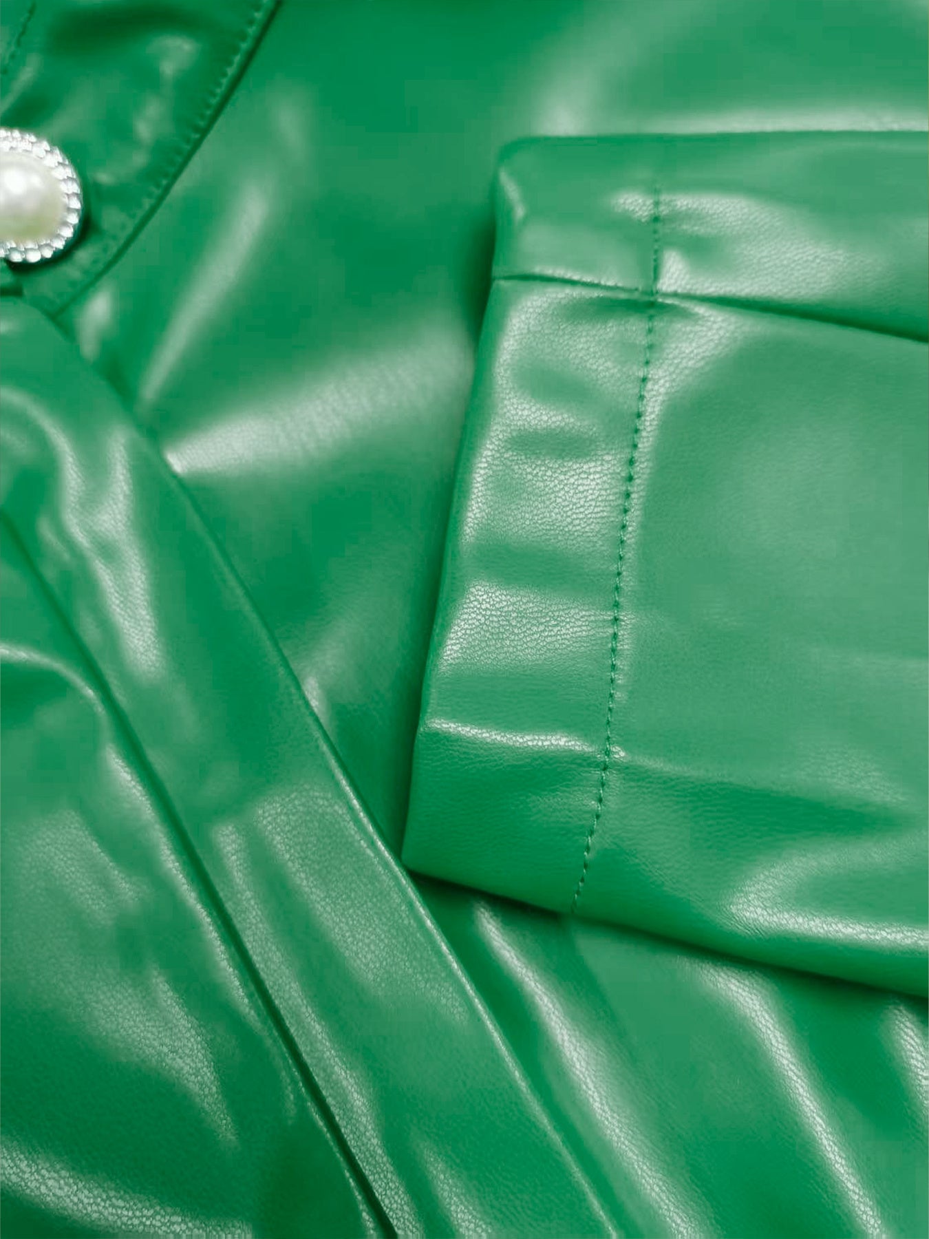 Faux Leather Green Collar Zip Back Ruffle Hem Dress
