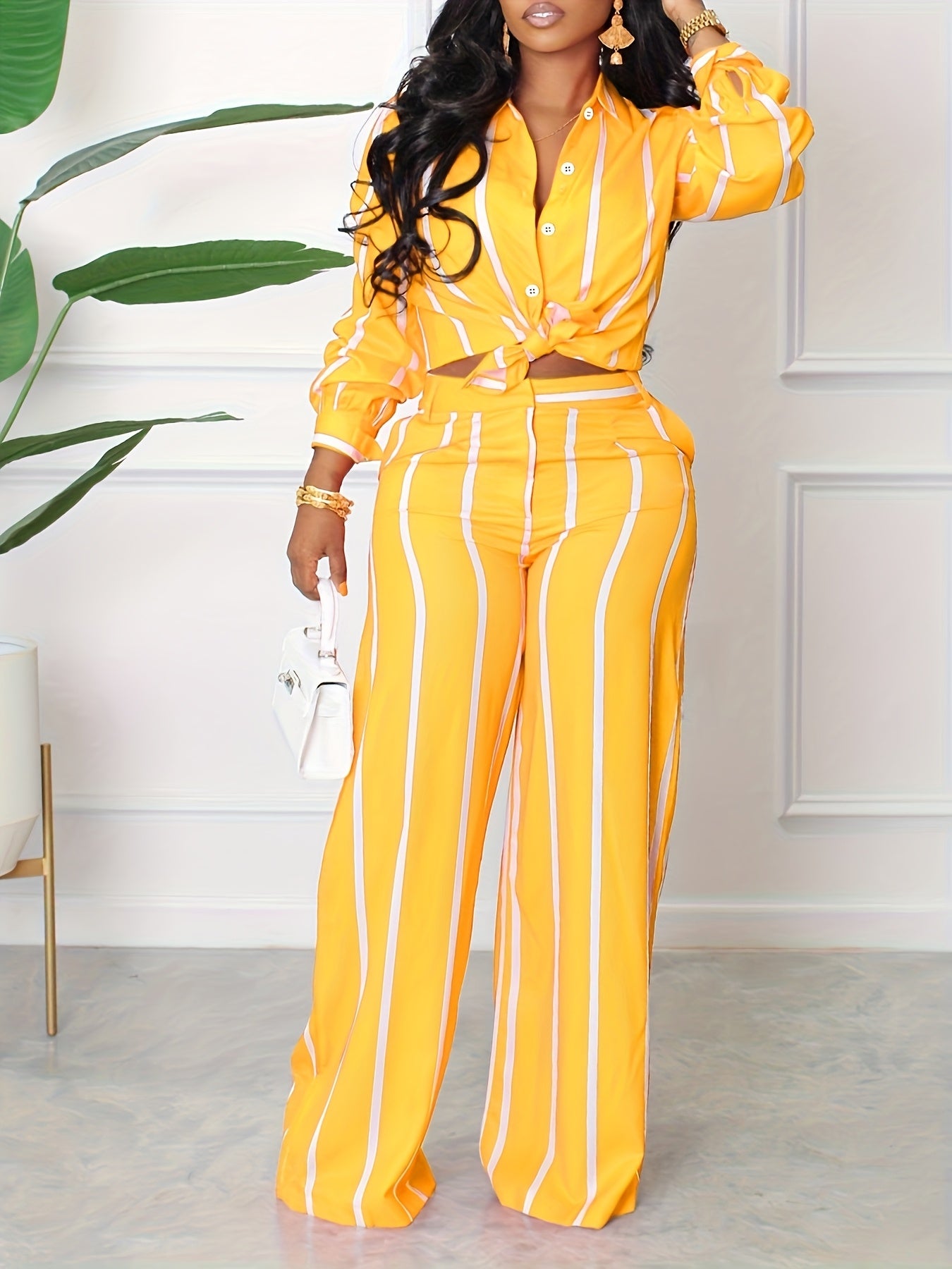 Striped Button Front Shirt with Wide-leg Trousers with Pockets