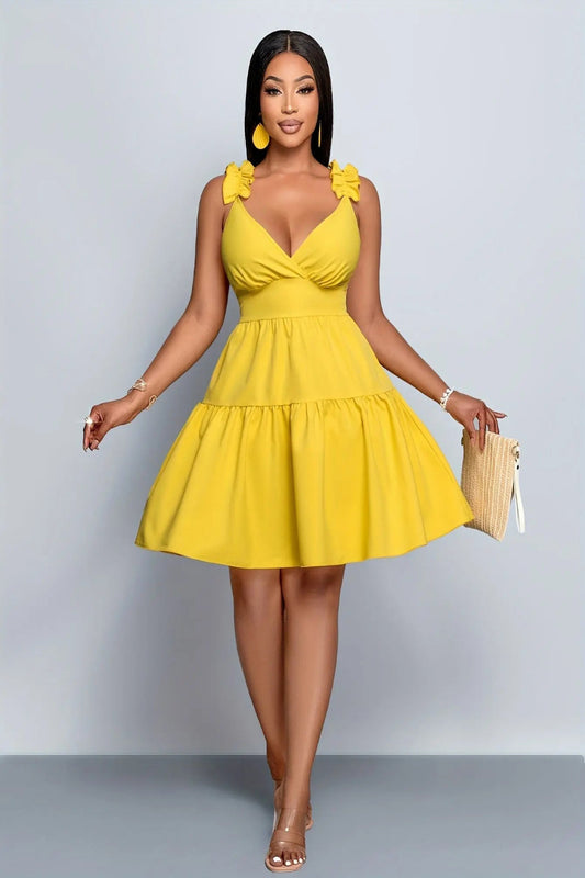 Plus Size Women's Off-Shoulder Ruffled Sleeve Summer Dress - Vibrant Yellow Toshe Women's Fashions