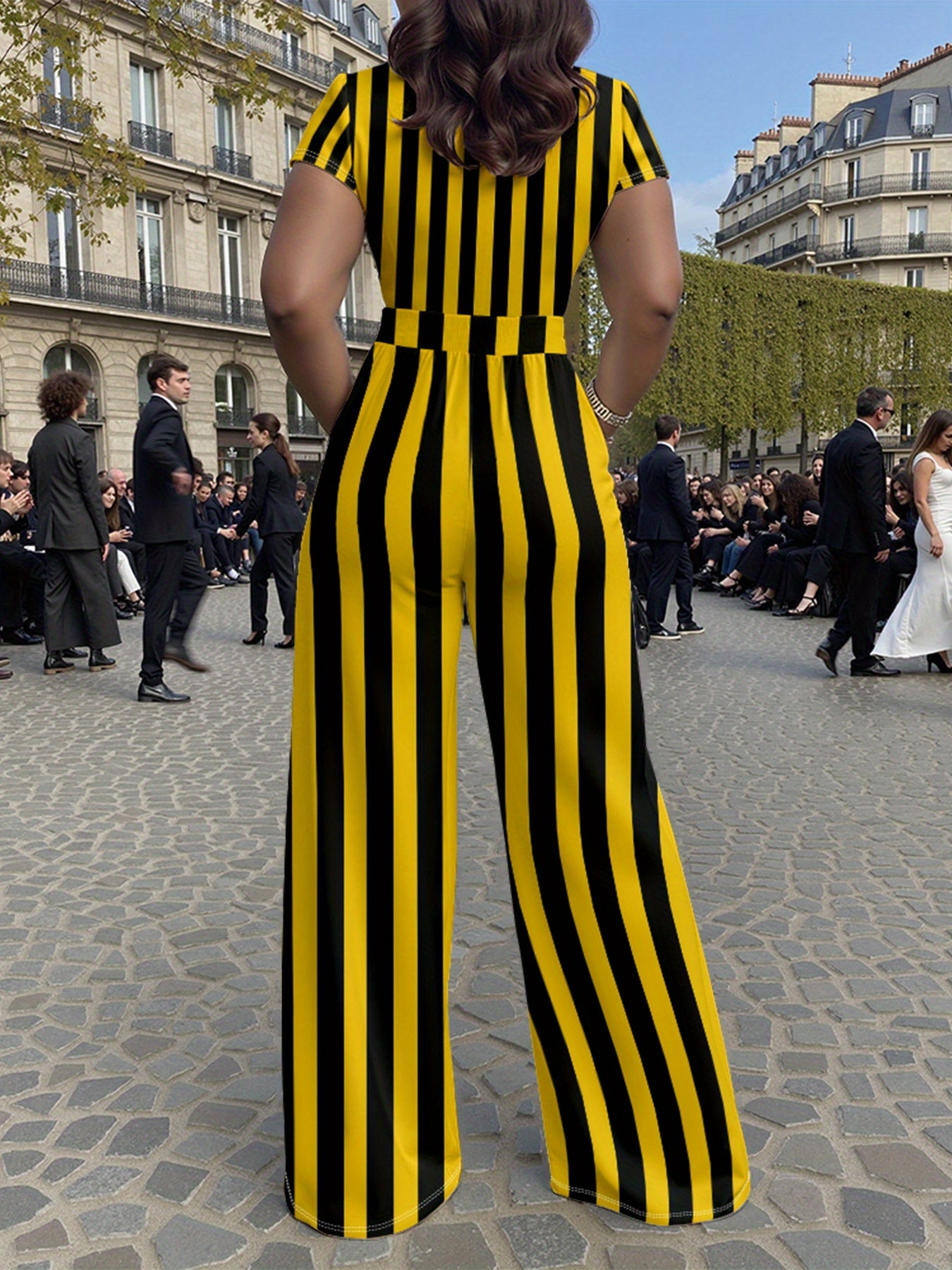 Yellow & Black Vertical Stripe Pants Set – Short Sleeve Top and Trouser Co-ord