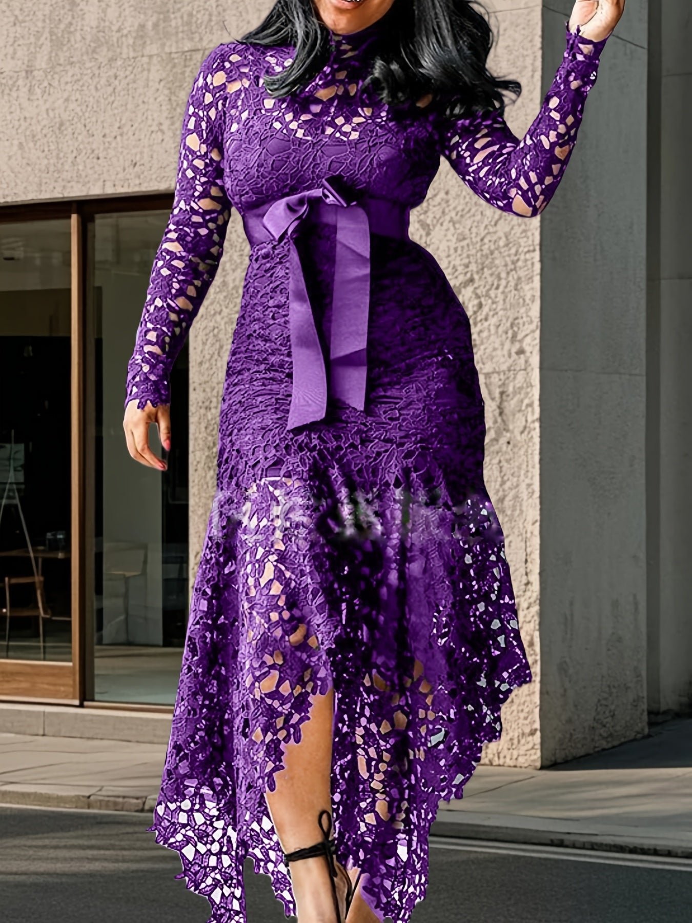 Lace Embroidered Belted Midi Dress – Asymmetrical Hem & Romantic Detailing