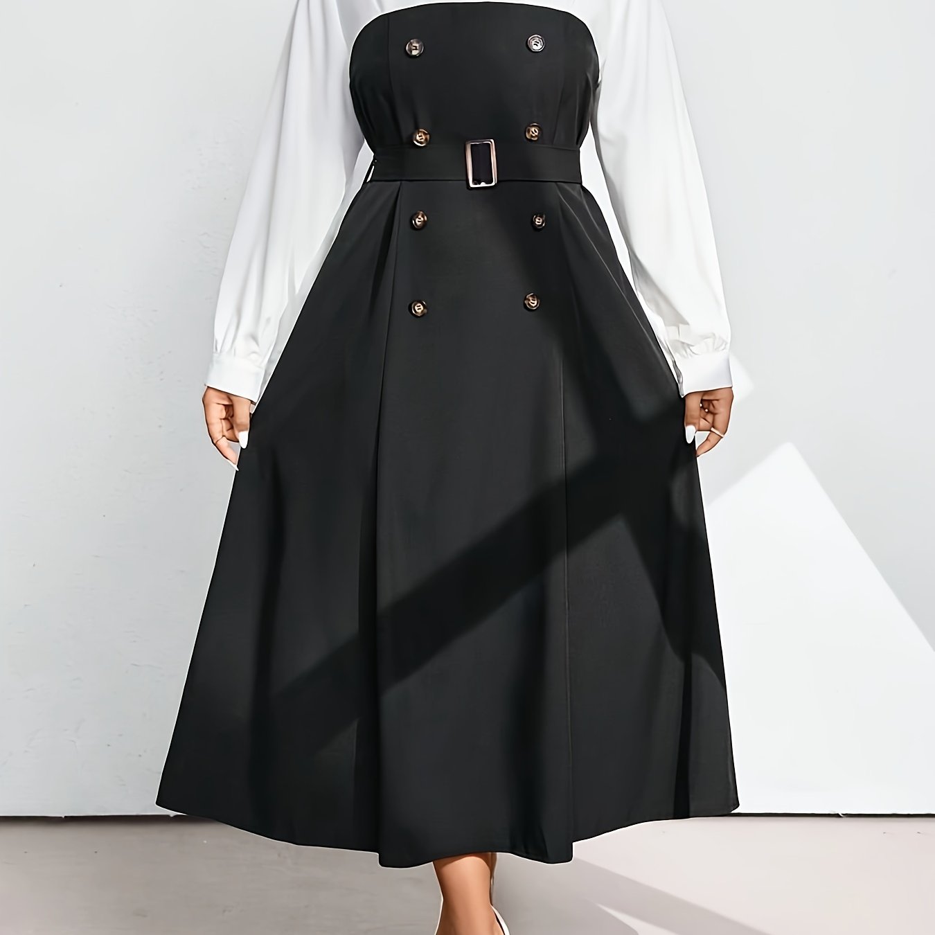 Black & White Chic Shirt Collar Belted A-Line Dress