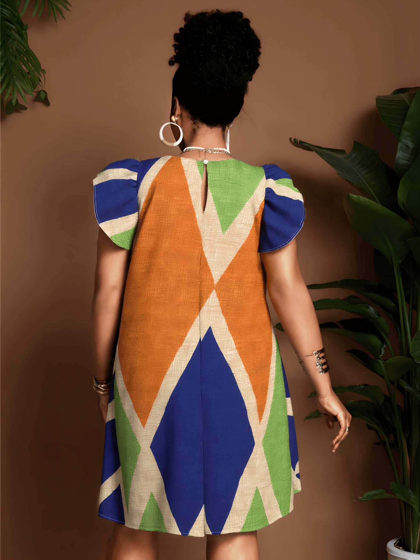 Geometric Ruffle Sleeve A-Line Mini Dress – Bold, Flowy & Flirty