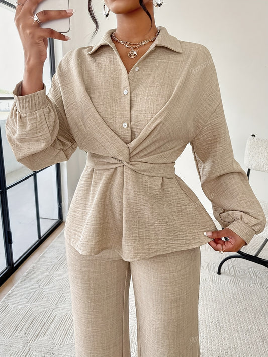 Double Layered Wrap Top and Capri Wide Leg Pants Set