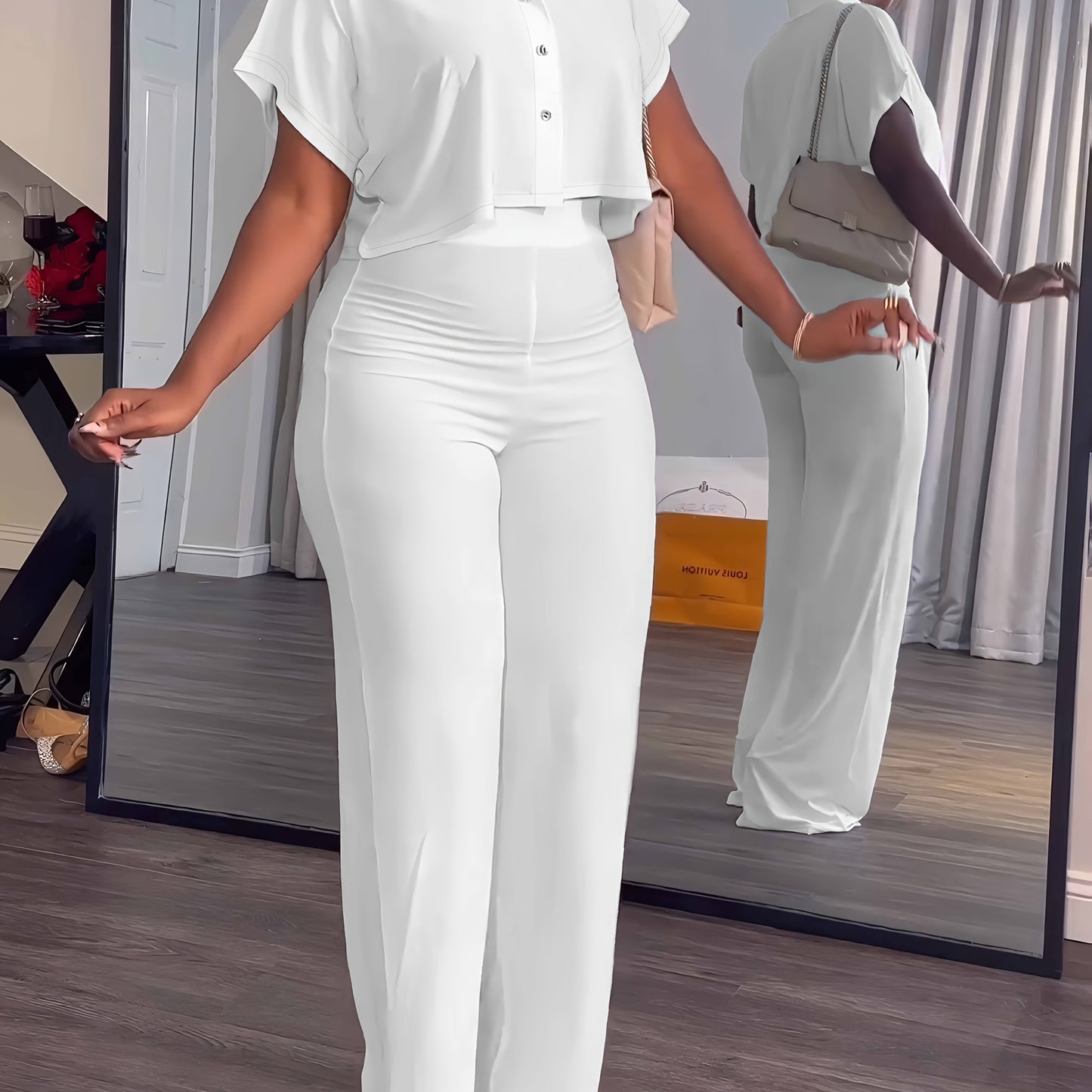 Collared Button Crop Top and Wide Leg Pant Set