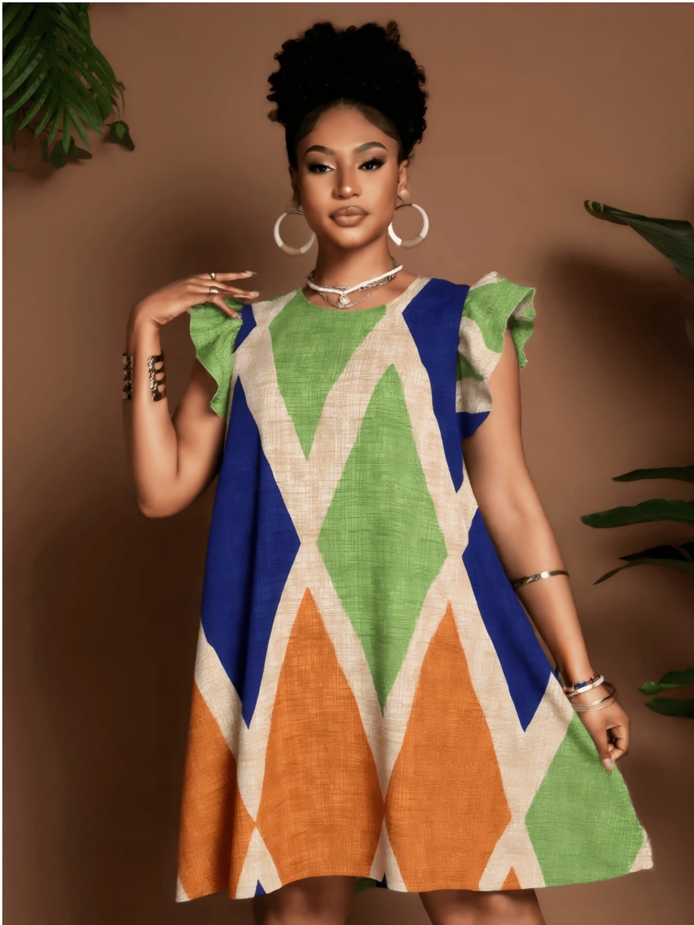 Geometric Ruffle Sleeve A-Line Mini Dress – Bold, Flowy & Flirty