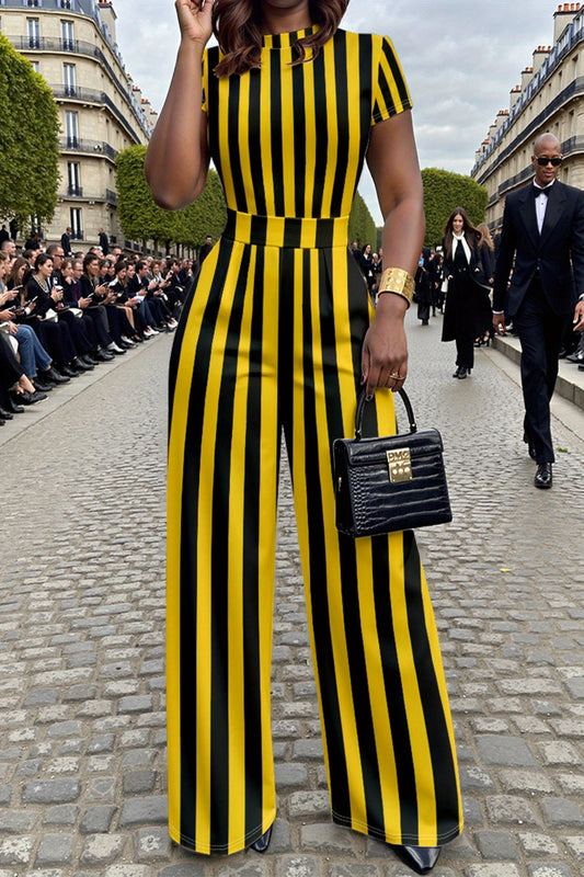 Yellow & Black Vertical Stripe Pants Set – Short Sleeve Top and Trouser Co-ord