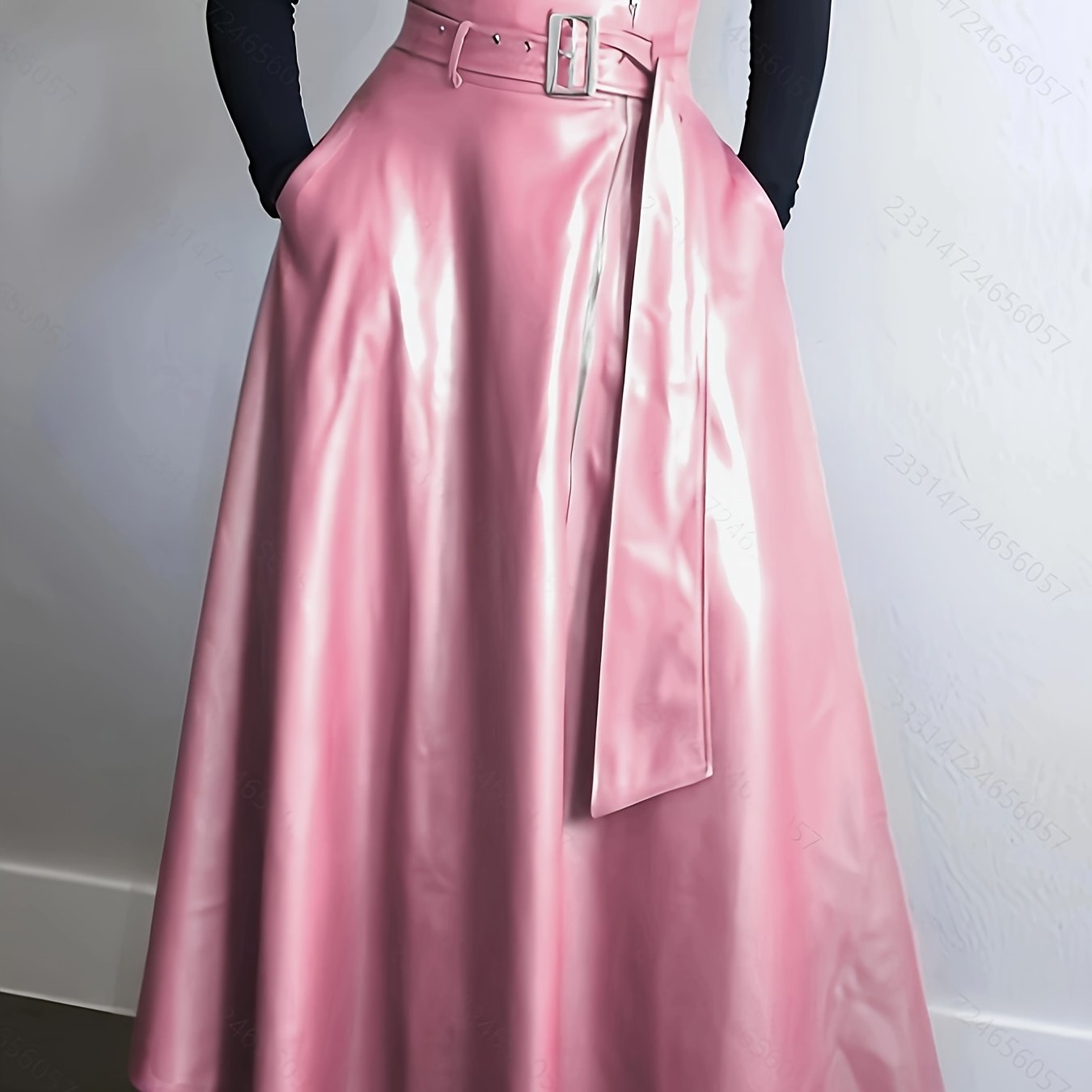 Vibrant High-Waisted Belted Faux Leather Skirt with Side Zipper Pockets