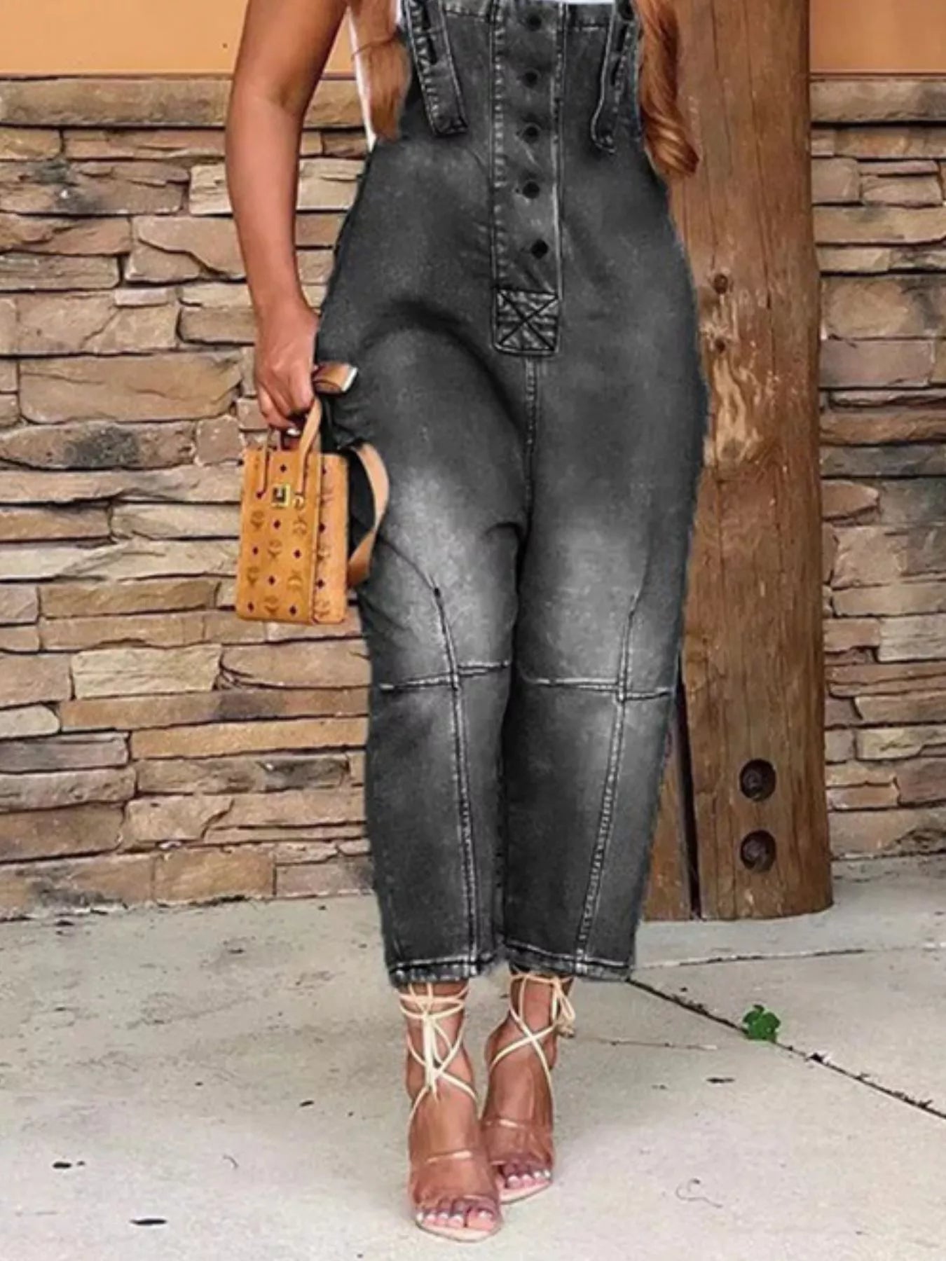 Trendsi denim button-front overalls with front and side pockets, casual style, made from durable blue denim fabric.