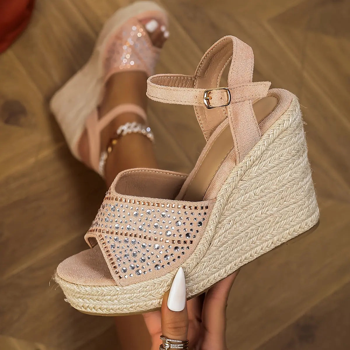 Rhinestone Ankle Wrap Wedge Sandal Toshe Women's Fashions