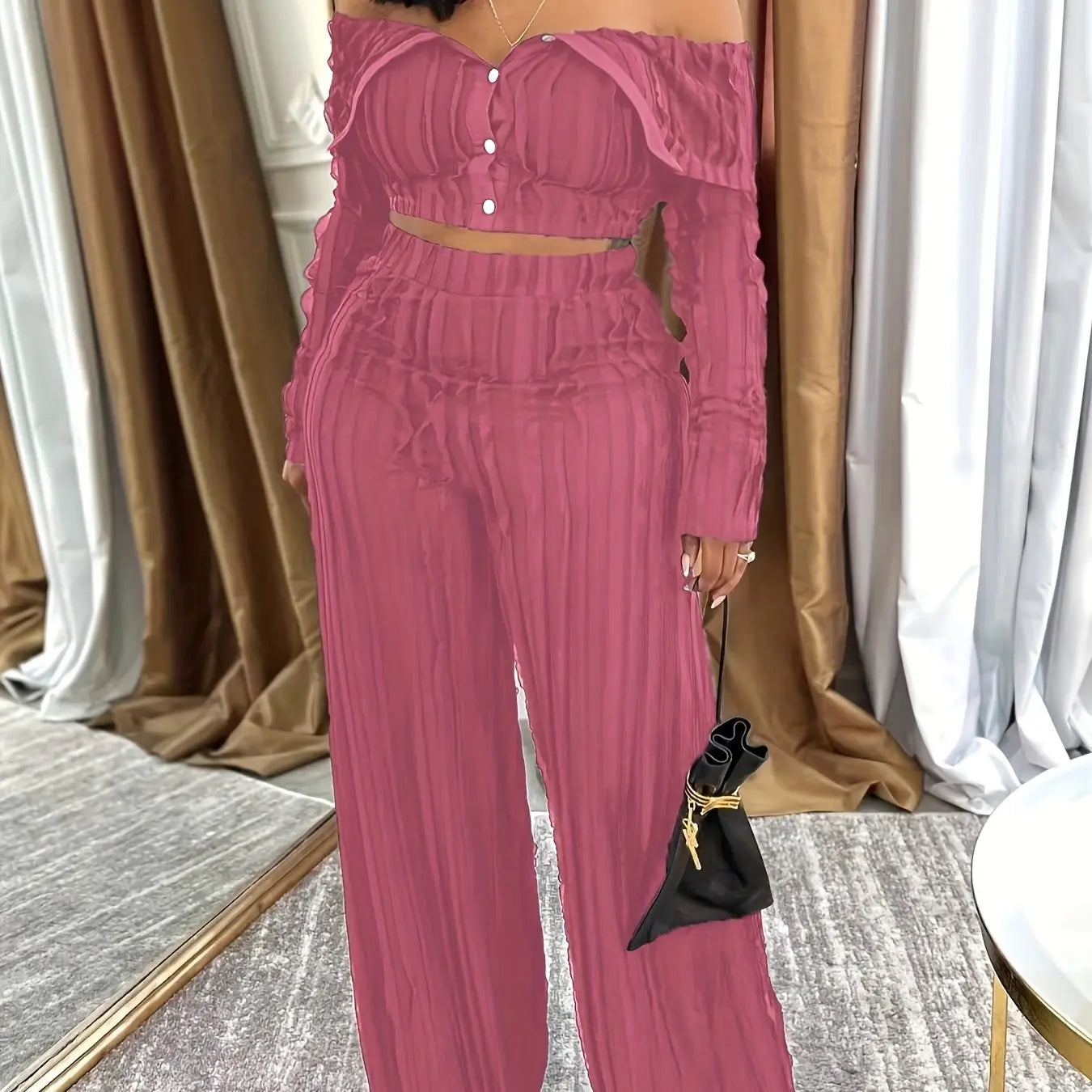 Wave Folded Collar Buttoned Crop Top and Wide Leg Pant Set Toshe Women's Fashions