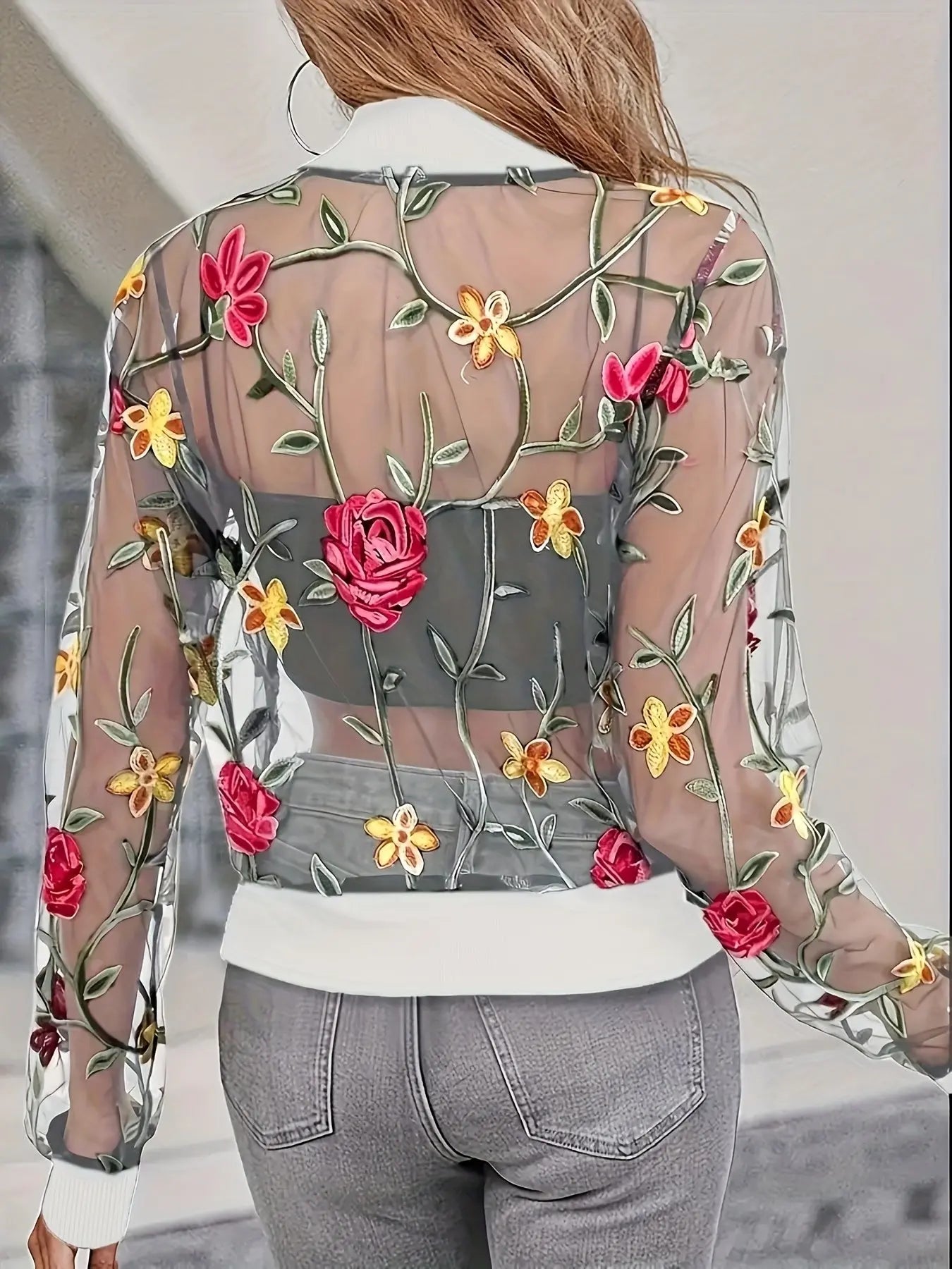 Sheer Floral Embroidery Stand Collar Jacket Toshe Women's Fashions