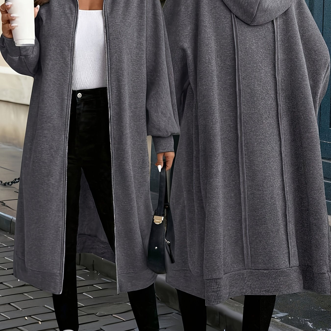 Hooded Zipper Front Long Overcoat
