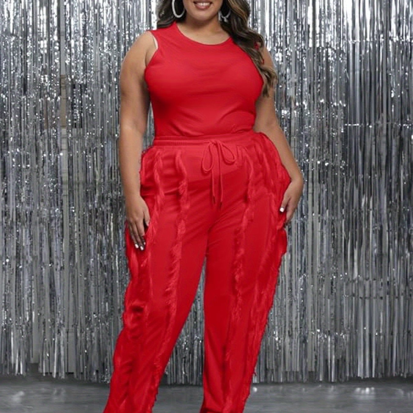 Sleeveless Tank Top with Drawstring Fringe Pant Set