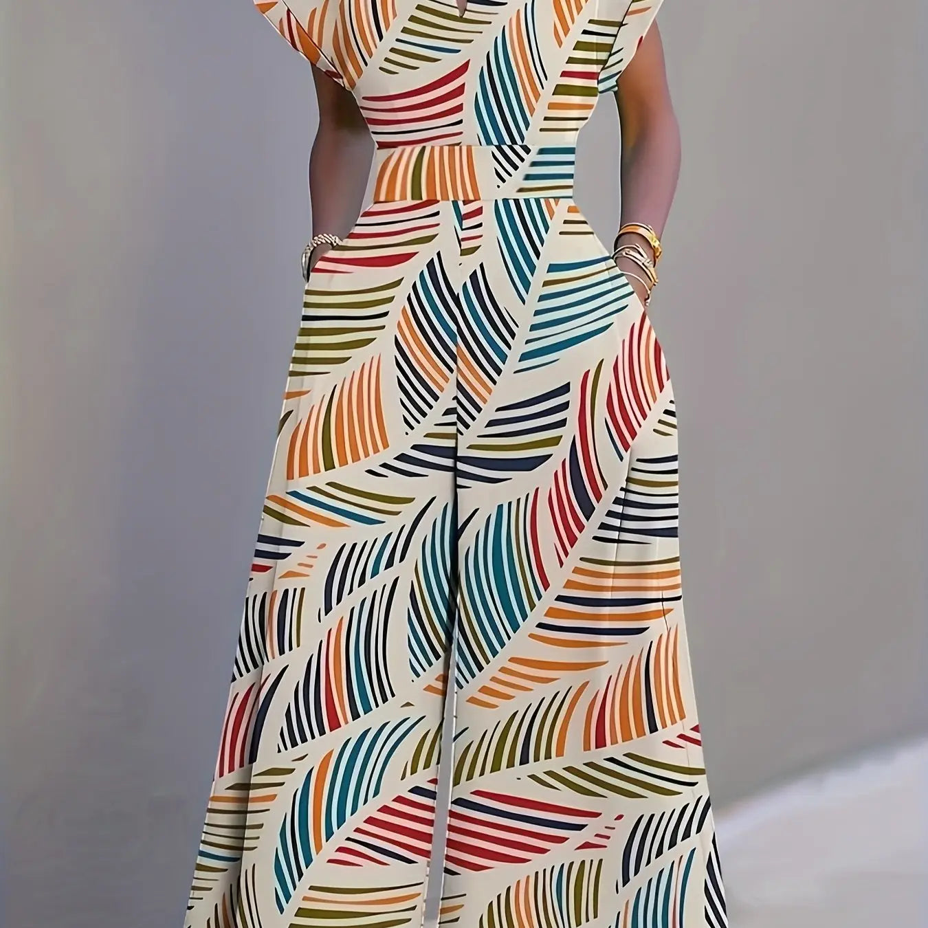 Vibrant Leaf Pattern Sleeveless Jumpsuit Toshe Women's Fashions