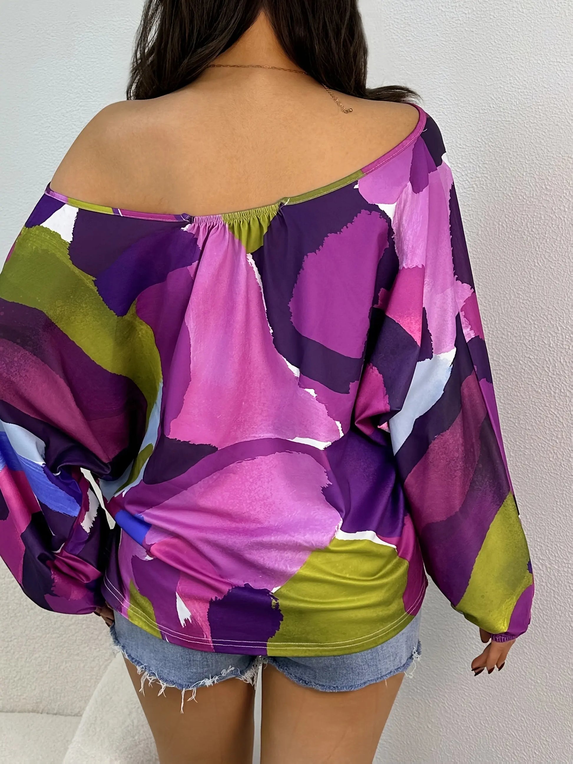 Purple Paint Print Off-Shoulder Blouse Toshe Women's Fashions