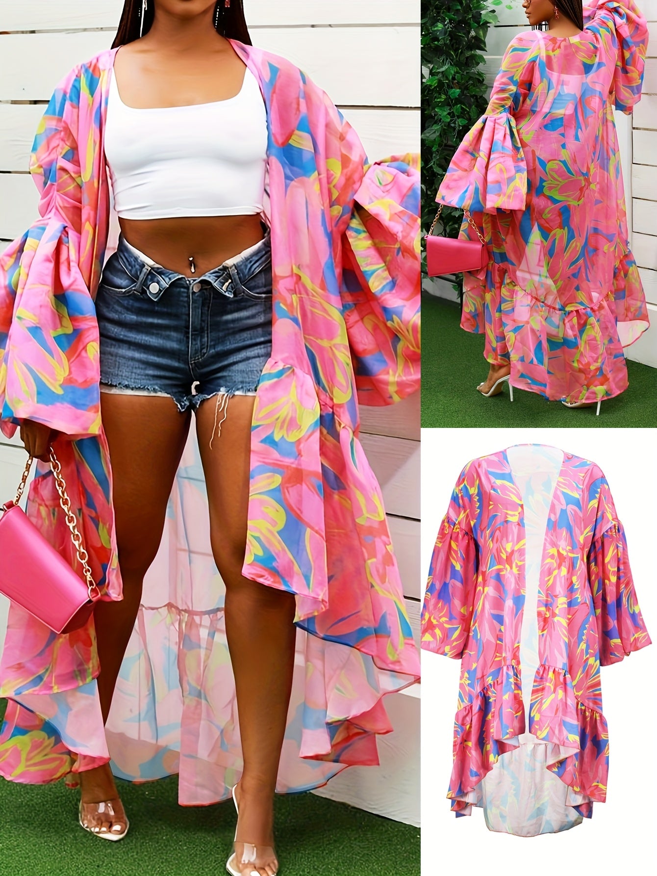 Chic Abstract Print Batwing Sleeve Cardigan